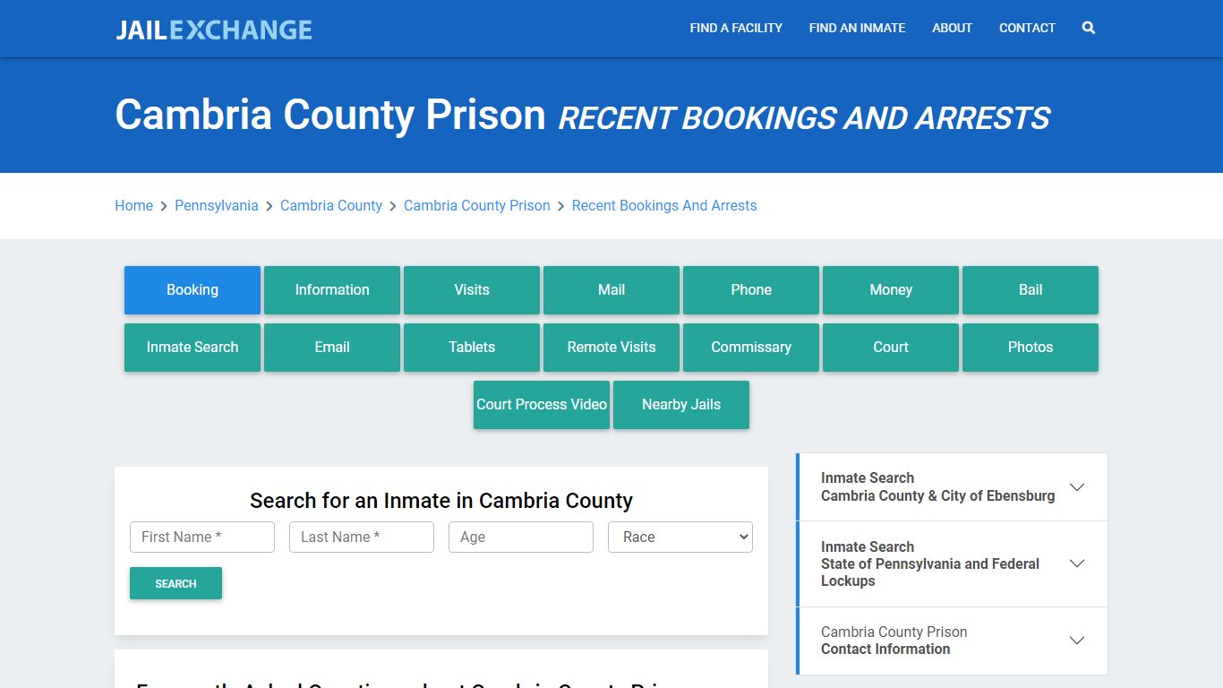 Cambria County Prison Recent Bookings And Arrests - Jail Exchange