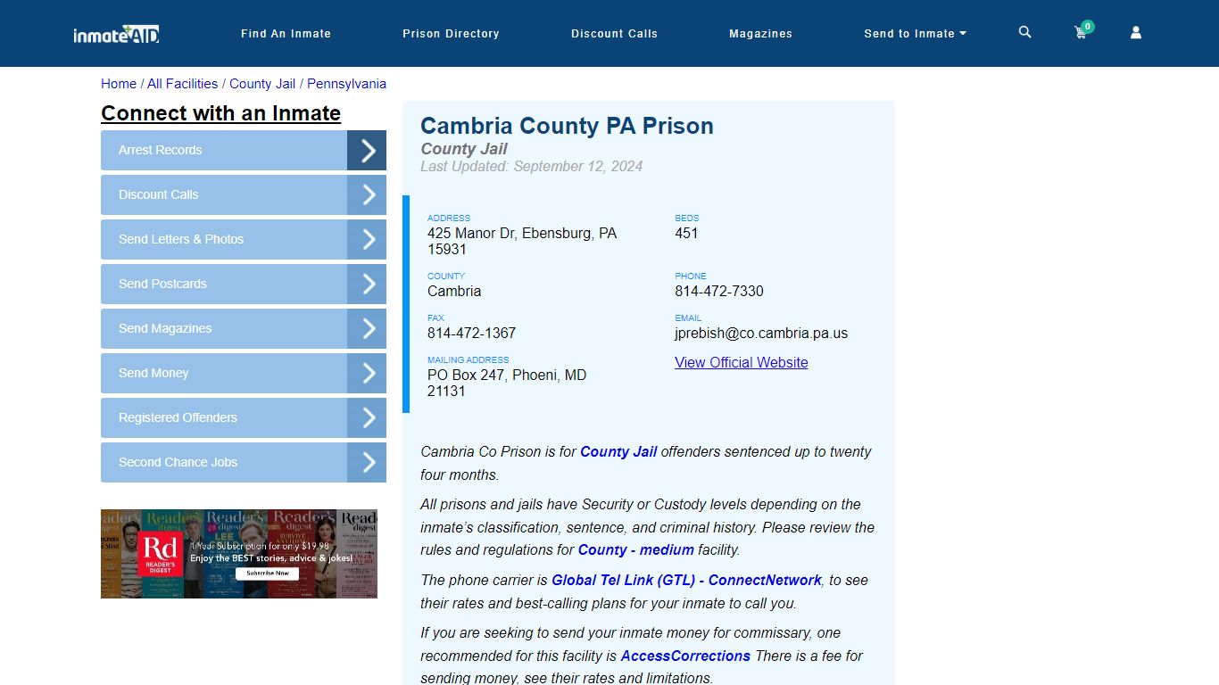 Cambria County PA Prison - Inmate Locator